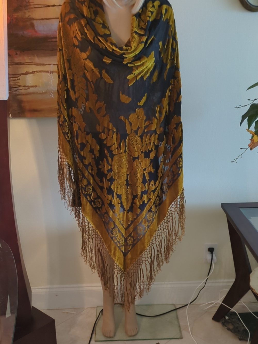 Gold Floral Velvet Burnout Shawl - Unbranded